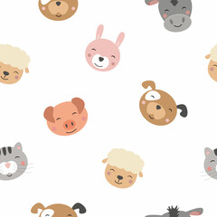 Seamless pattern with cute pets on a white background. Vector illustration for your design.