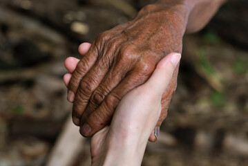 Fototapeta premium Hands of the old man and a woman hand on the park