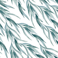 Naklejka premium Seamless natural pattern with long thin leaves on branches in blue-green on a white background. Hand-drawn watercolor illustration. Textile design.