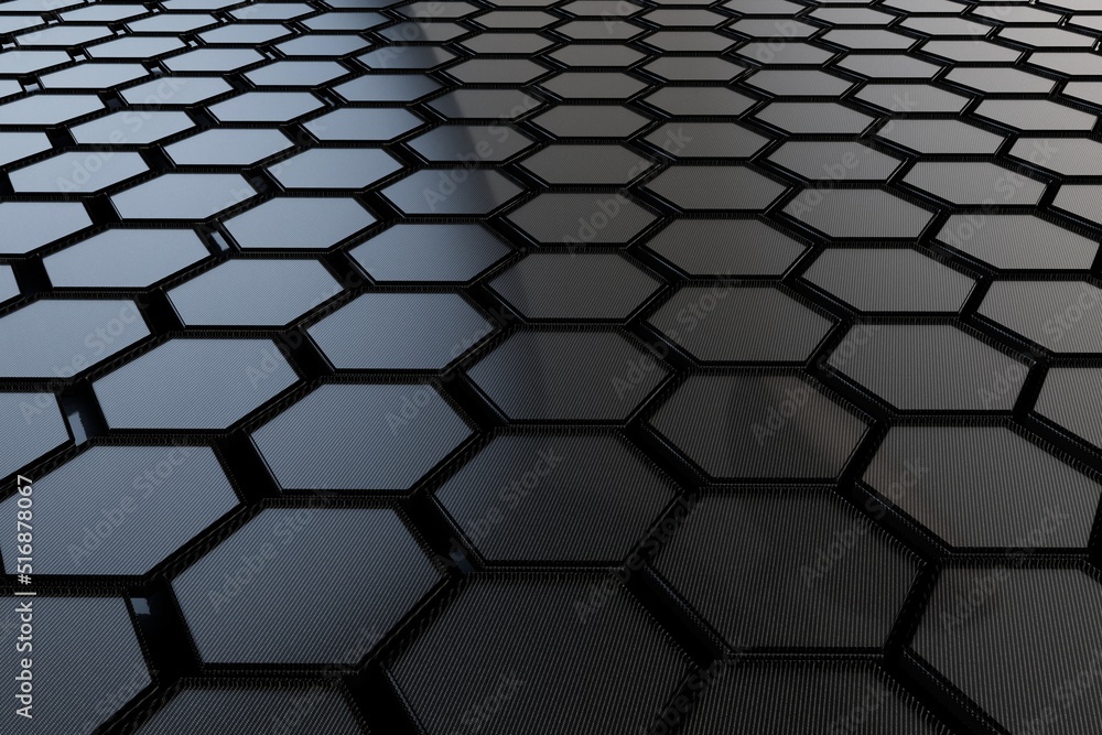 Poster abstract background consisting of patterns of lying metallic hexagons with black rims. 3d rendering.