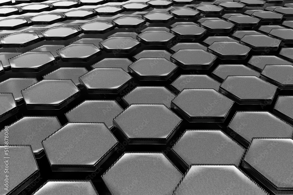 Poster abstract background consisting of patterns of lying metallic hexagons with black rims. 3d rendering.