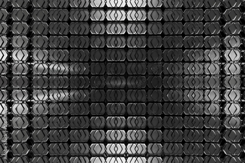 Poster abstract background consisting of gray polyhedrons with black rims illuminated from all sides by ray