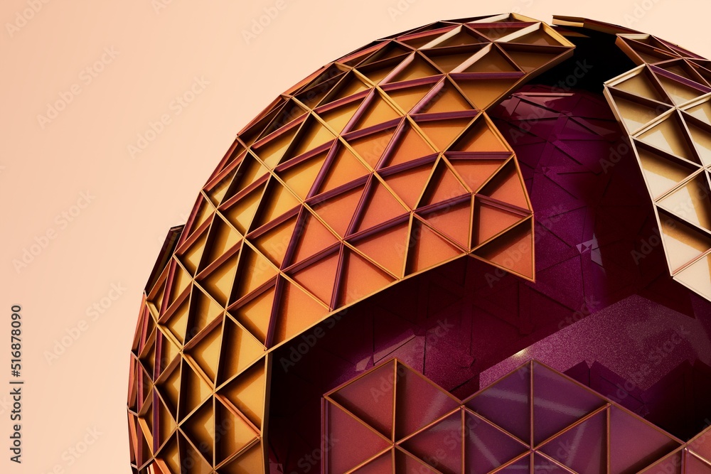 Poster a large golden sphere made of patterns of small triangles with a large crack on a pastel color backg