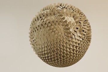 a large golden sphere made of patterns of small triangles on a white background. 3d render. 3d illustration