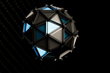 a large sphere consisting of golden and transparent triangles glowing from the inside with blue light on a black background. 3d rendering. 3d illustration
