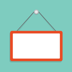 Empty plate hanging on blue background with copy space, message, information and advertisement sign template vector illustration