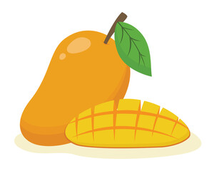 Fresh mango, mango slice and leaves vector illustration. Logo design template