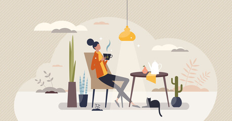 Self care and having cup of drink for relaxation moment tiny person concept. Hot tea for mother in comfy chair for mental carefree and calm pleasure vector illustration. Lady sitting after long day.