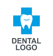 Dental logo for dentistry. A cheerful tooth on the background of a cross. Vector graphics