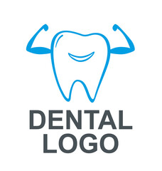 Dental logo for dentistry. Cheerful tooth is strong and healthy. Vector graphics
