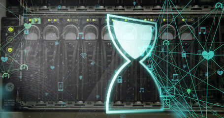 Image of egg timer over network of connections and server room