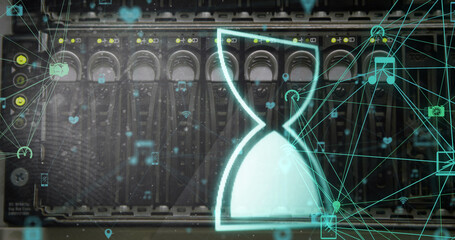 Image of egg timer over network of connections and server room