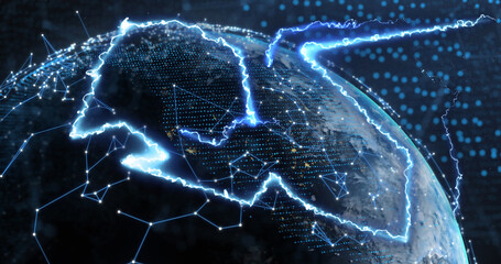 Image of spinning globe and network of connections on black background