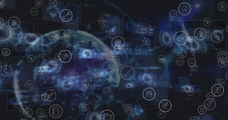 Image of statistics processing and social media icons over scopes scanning