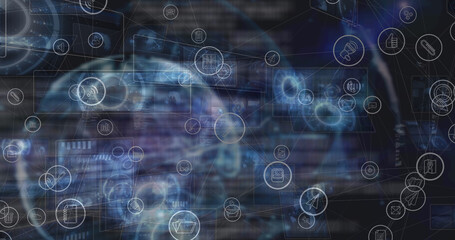 Image of statistics processing and social media icons over scopes scanning