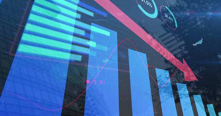 Image of red arrow with statistics processing over cityscape