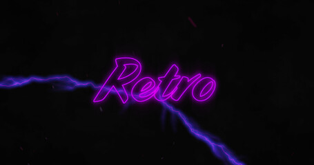 Image of retro text over lightnings on black background
