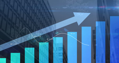 Image of blue arrow with statistics processing over cityscape
