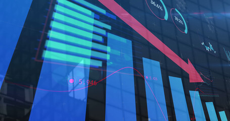 Image of red arrow with statistics processing over cityscape