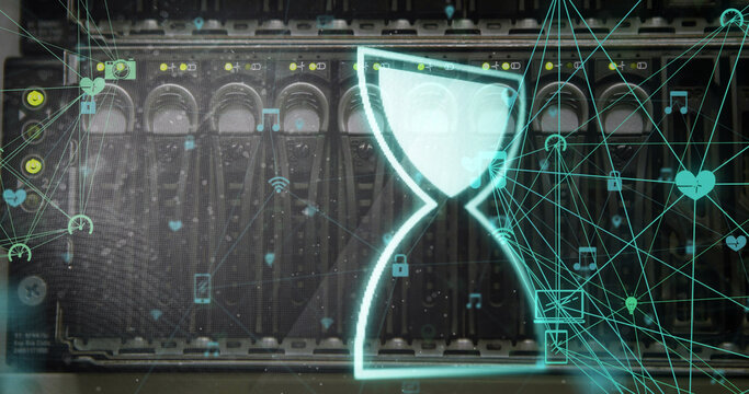 Image of egg timer over network of connections and server room