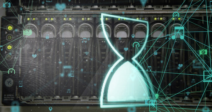 Image of egg timer over network of connections and server room