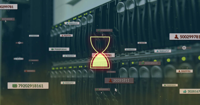 Image of egg timer over social icons and server room - Powered by Adobe