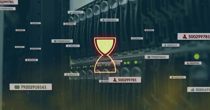 Image of egg timer over social icons and server room - Powered by Adobe