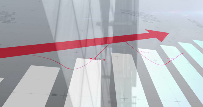 Image of red arrow with statistics processing over cityscape