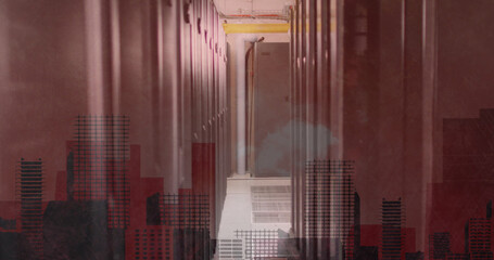 Image of cityscape over server room