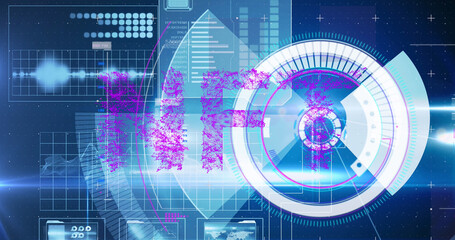 Obraz premium Image of digital interface with scan scoping and nft text over blue background