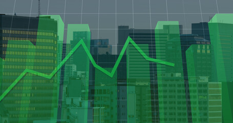 Image of financial graph and data processing over cityscape