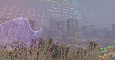 Image of financial graph and data processing over cityscape