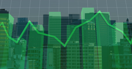 Image of financial graph and data processing over cityscape
