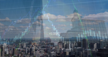 Image of financial graph and data processing over cityscape