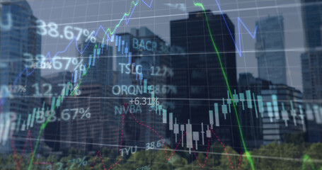 Image of financial graph and data processing over cityscape
