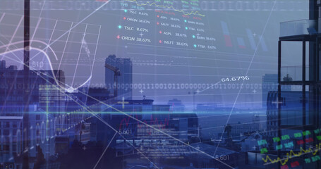 Image of financial graph and data processing over cityscape