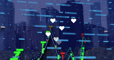 Image of data processing and social media icons over cityscape