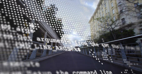 Image of world map and processing data over pedestrians crossing bridge in city