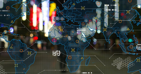 Image of world map with data processing over pedestrians on city street at night