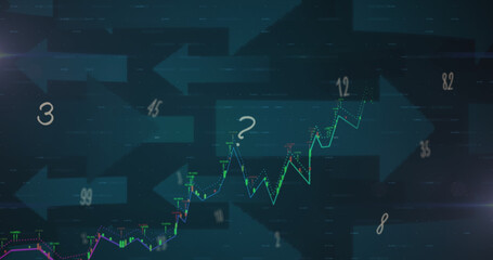 Image of graph and data processing over grey arrows on dark background