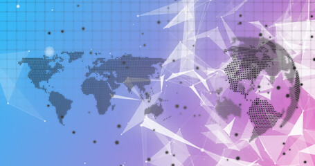 Image of globe and communication networks over world map on pink and blue background