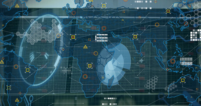 Image of digital interface with scan scoping and world map over dark background