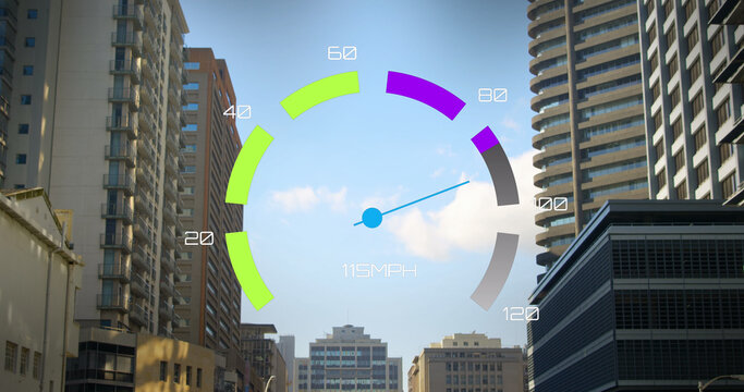 Image of speedometer over cityscape