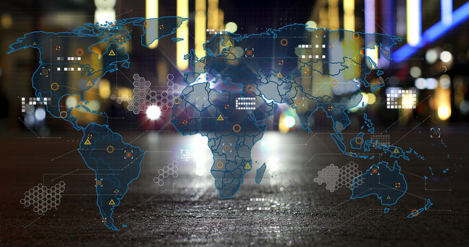 Image of world map with data processing over pedestrians on city street at night