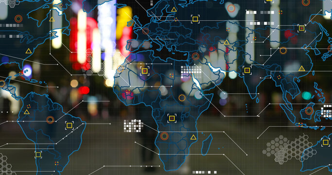 Image of world map with data processing over pedestrians on city street at night