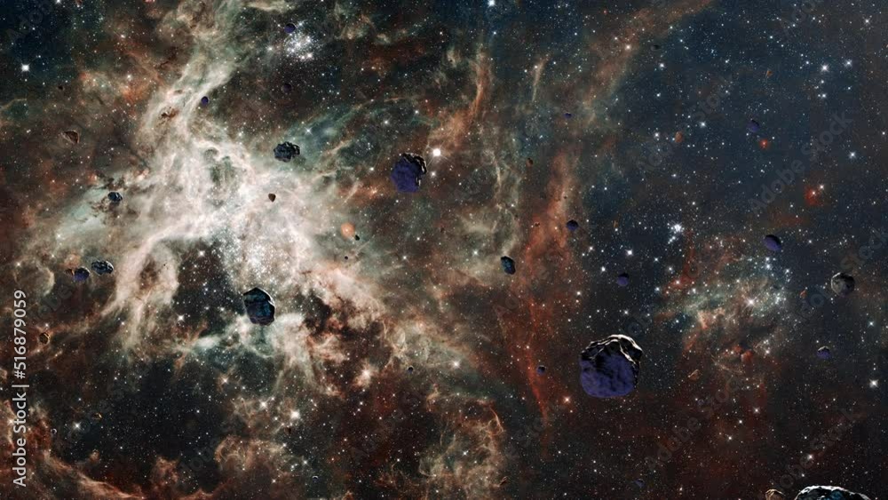 Poster galaxy space flight exploration with space rock scene at tarantula nebula. 4k animation of flying th