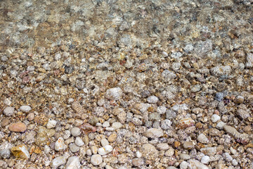 Pebble beach. Texture of clean transparent sea water with pebble bottom 