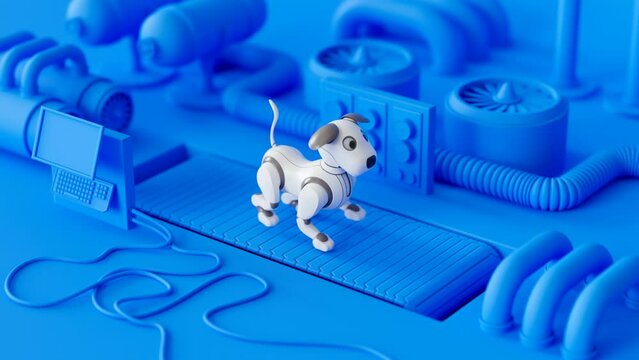 Concept of a puppy robot dog walking on the treadmill. Advanced cute toy. CGI 4k