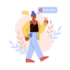 Smiling girl walking with coffee in hand and talking on phone with education club