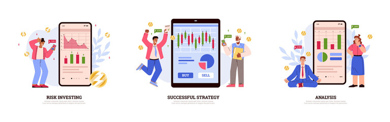 Set of banners with people and huge mobile phones about investing flat style
